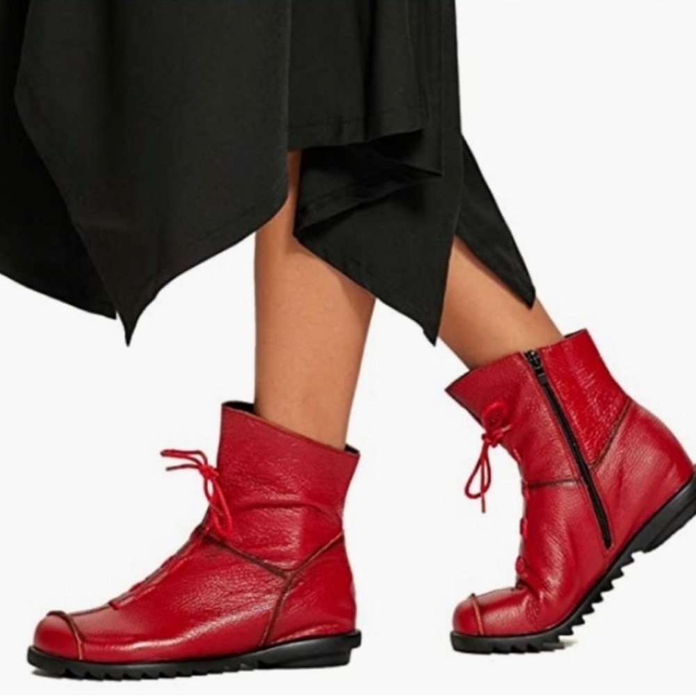 Clarsunny Retro Style Round Toe Ankle Booties Red Leather Women’s 9.5